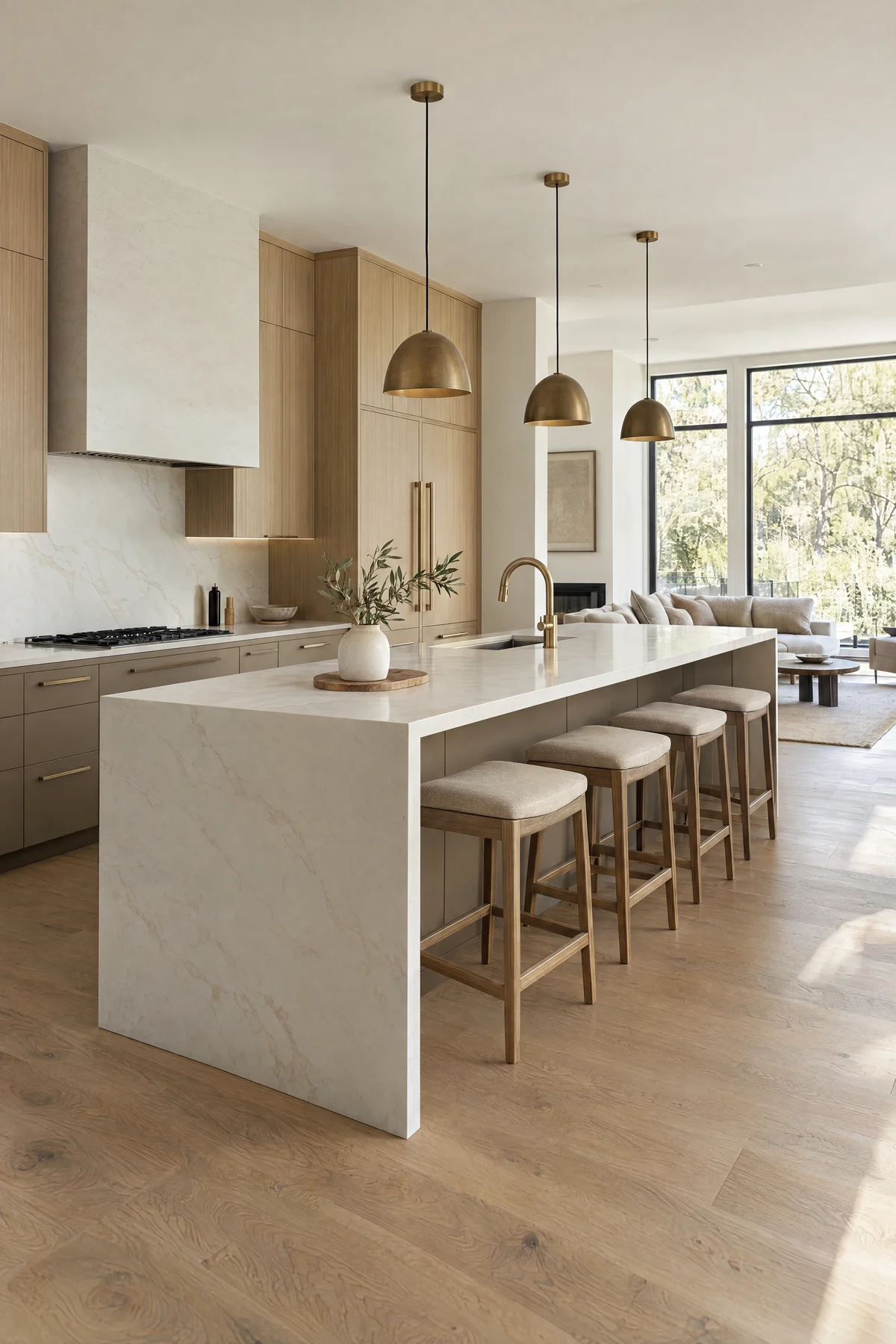 Open-plan kitchen with an island and fitted cabinetry