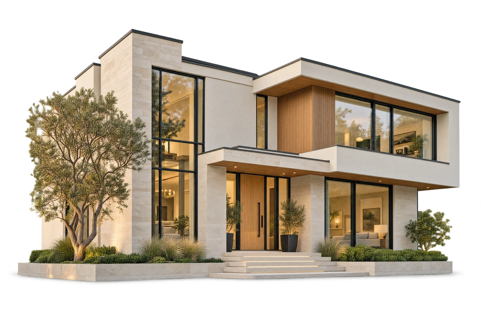 Modern home with stone and wood finishes and large windows
