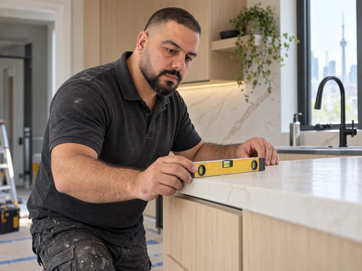 Contractor checking a kitchen countertop with a spirit level